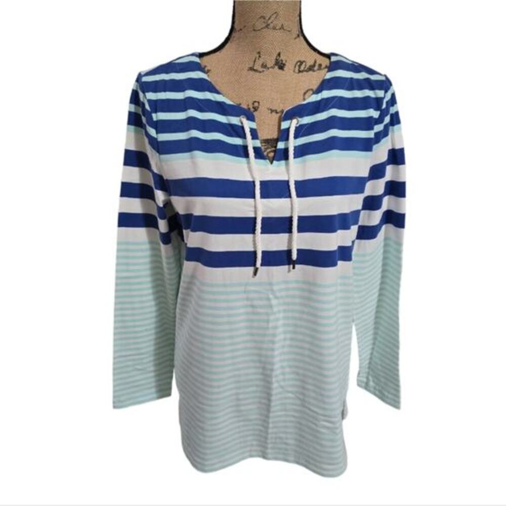 Talbots Womens Small Blue White Striped Nautical Rope Drawstring Top Long Sleeve